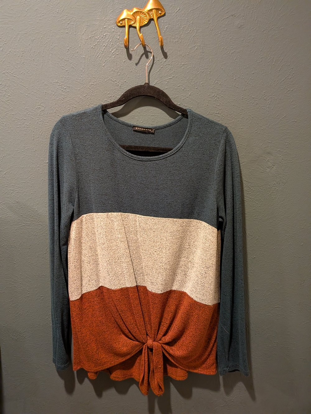 Colorblock Tie-Front Long Sleeve Top - Blue, Cream & Brown